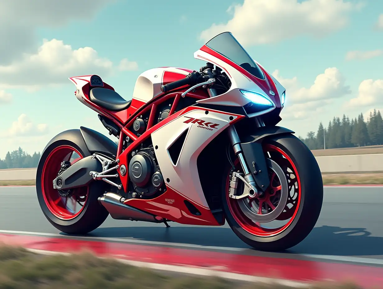 White, red, motorcycle, machine, racing bike, race track, fast, fantasy, Cyberpunk