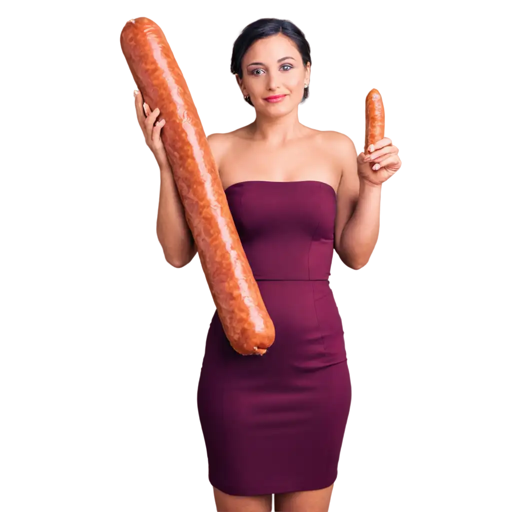 Elegant-Woman-in-Evening-Gown-Holding-Two-Large-Sausages-PNG-Image