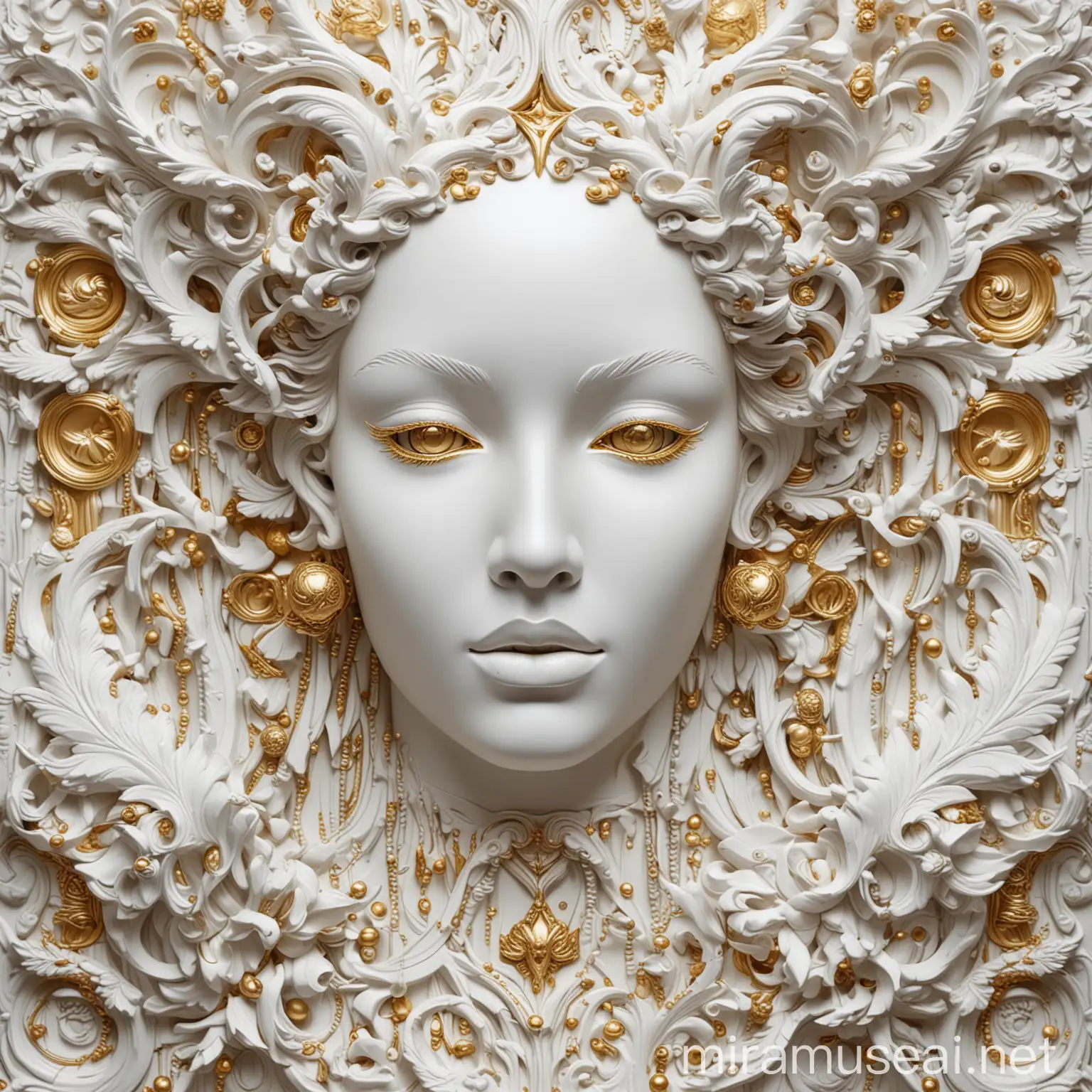 Abstract Composition of White and Gold Artistic Elements with Sculpture Face