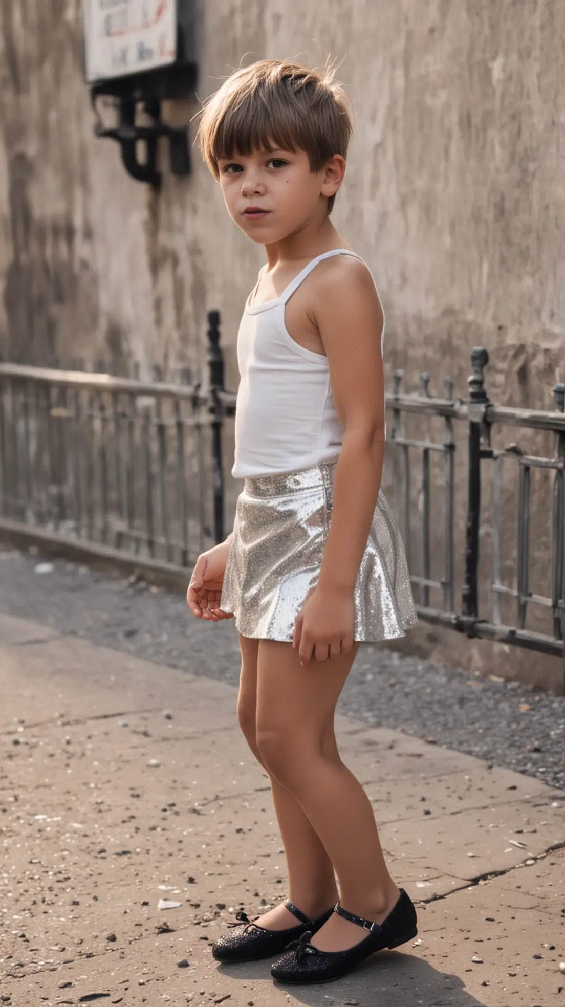 young little boys wear glitter mini skirt and white croptop and black ballet flats and staying in town and short hair and smoking cigarette