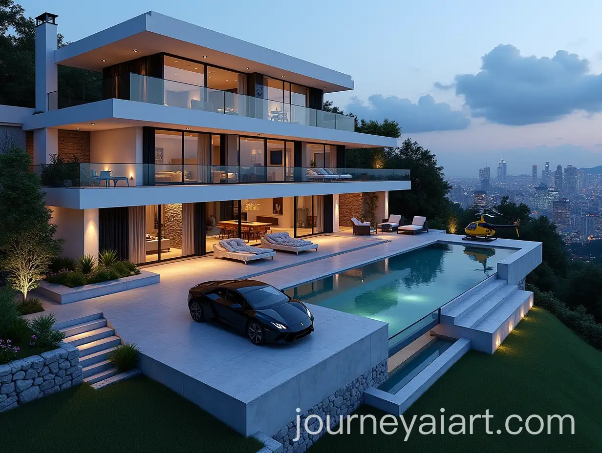 Modern-Luxury-Villa-with-Infinity-Pools-City-Views-and-Black-Lamborghini-at-Night