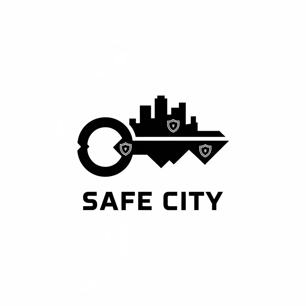 LOGO Design For SAFE CITY Minimalistic Key and City Skyline with Shield Element