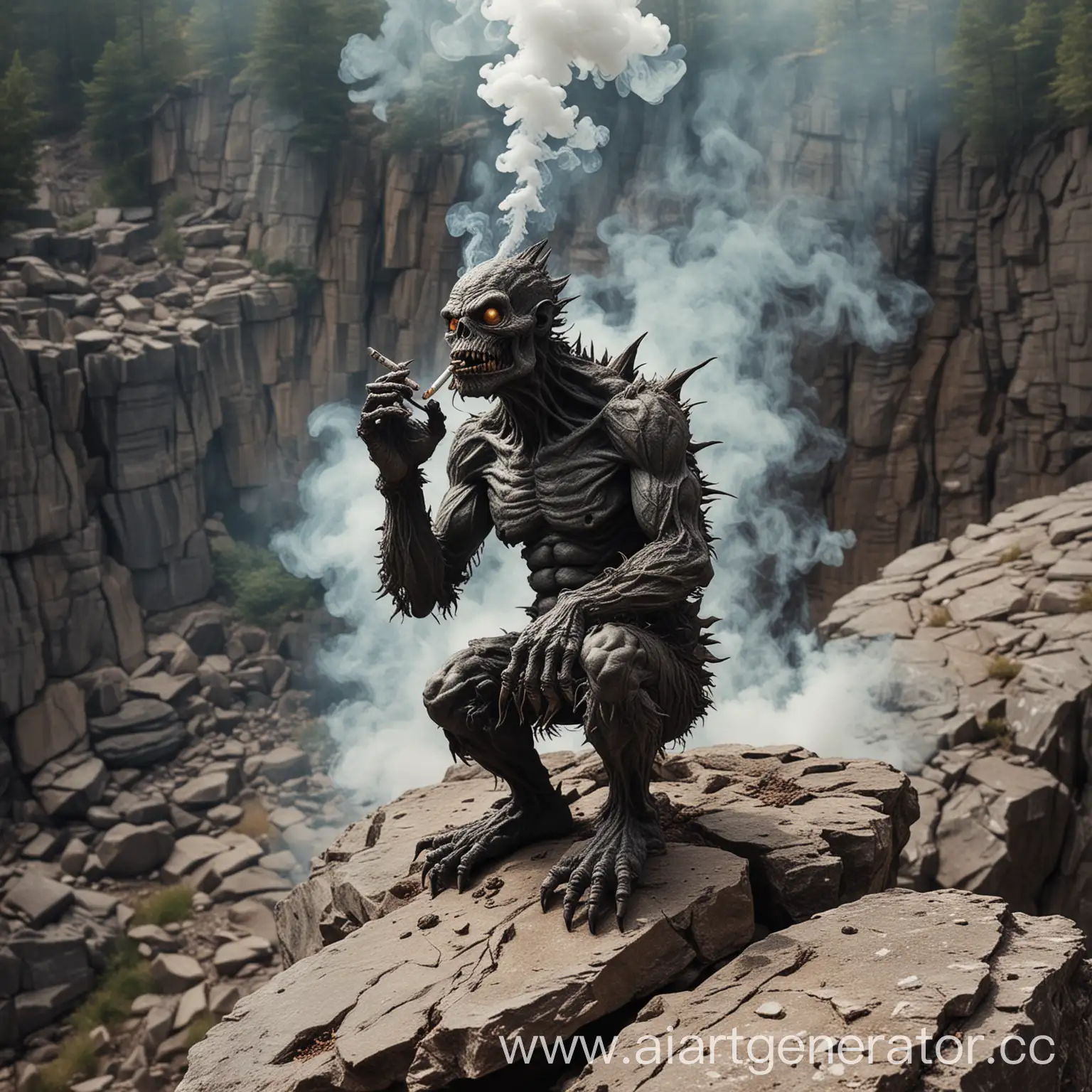 Mysterious-Monster-Smoking-on-a-Rocky-Ledge-at-Twilight