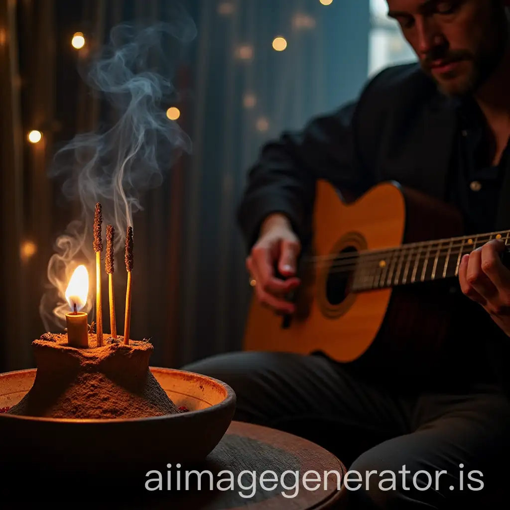 A musician with a guitar playing blues next to an incense burner where several sticks of incense are smoking