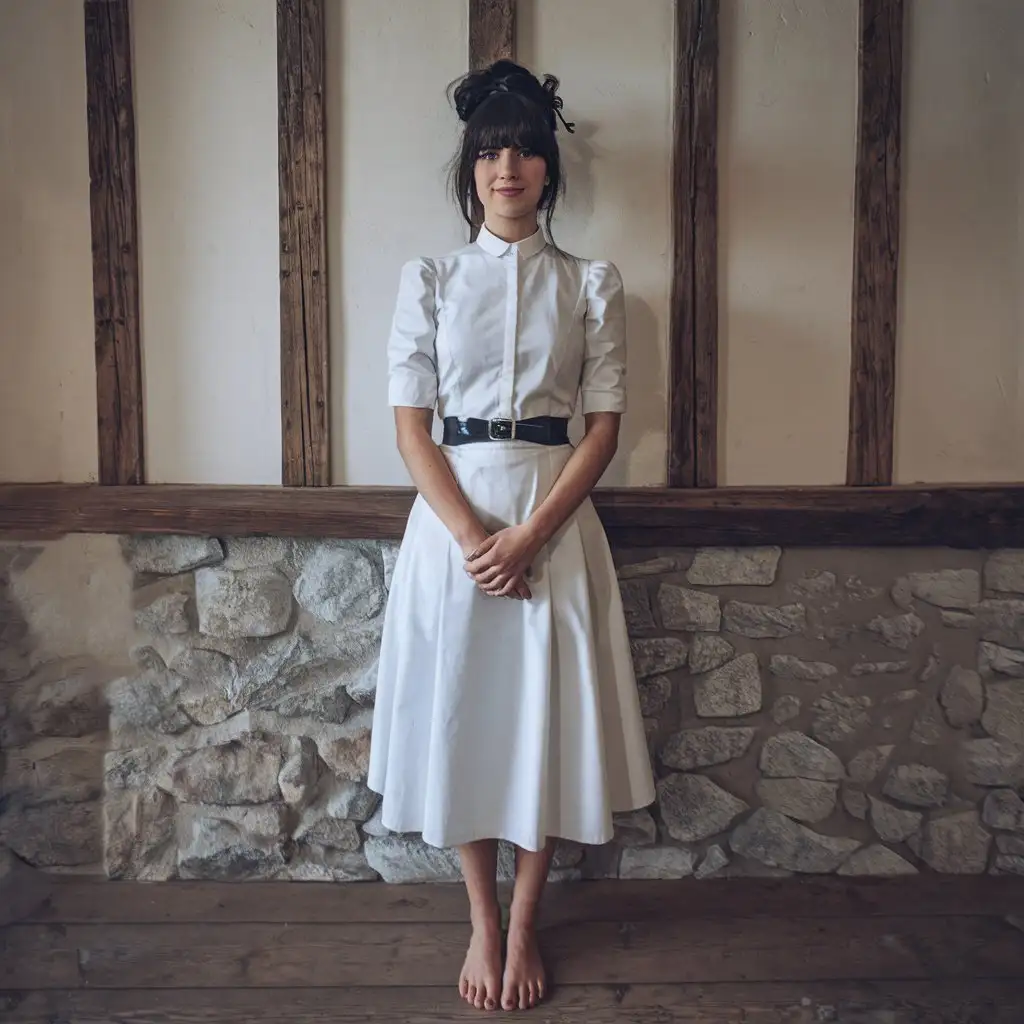 A short 22 year old Italian waitress, dark hair, cute face, hair in a bun, full length standing portrait, in bare feet, photograph