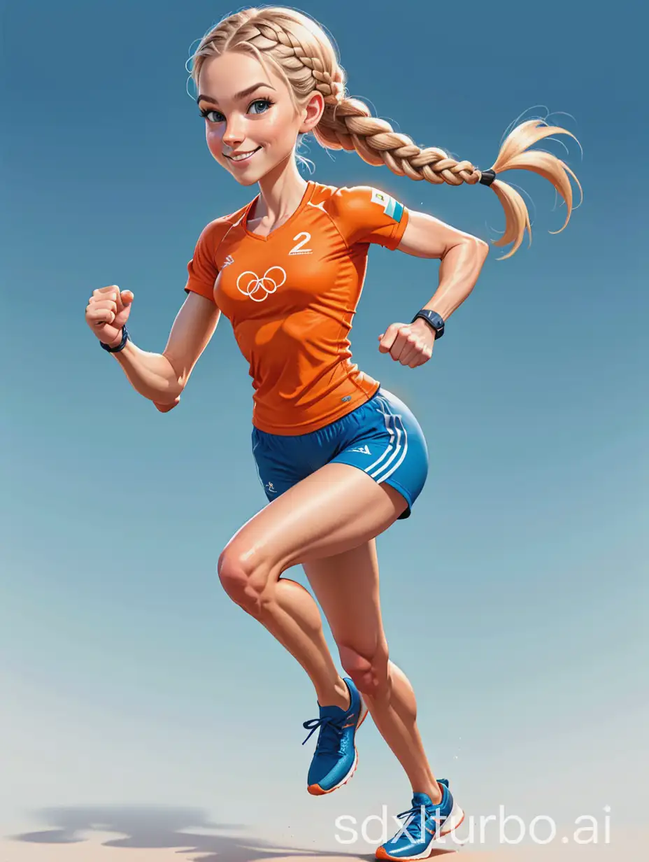 caricature of a white skinny girl,  braided blonde hair, Olympic running athlete, wearing orange top and tight blue shorts, full body