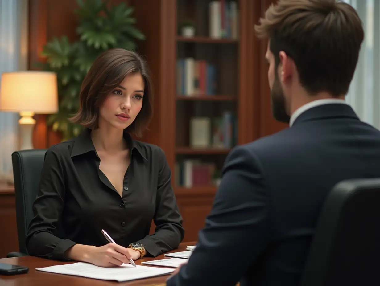 8K, RAW photo, top quality, masterpiece:1.3),(realistic, photo-realistic:1.37 beautiful young woman a short brown hair, medium breasts, slim figure, medium hips, black mini pencil skirt, shiny silk blouse with buttons and long sleeves , She with her male colleague is in the BOSS-office , the boss is sitting at a table, looking through documents while she stands next leaning FORWARD to him 