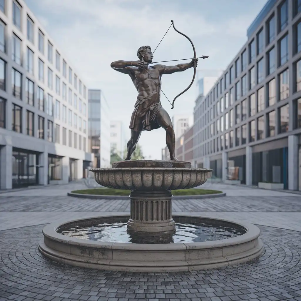 a statue of a man shooting a bow in full height on a fountain stands in the city center 3d realistic