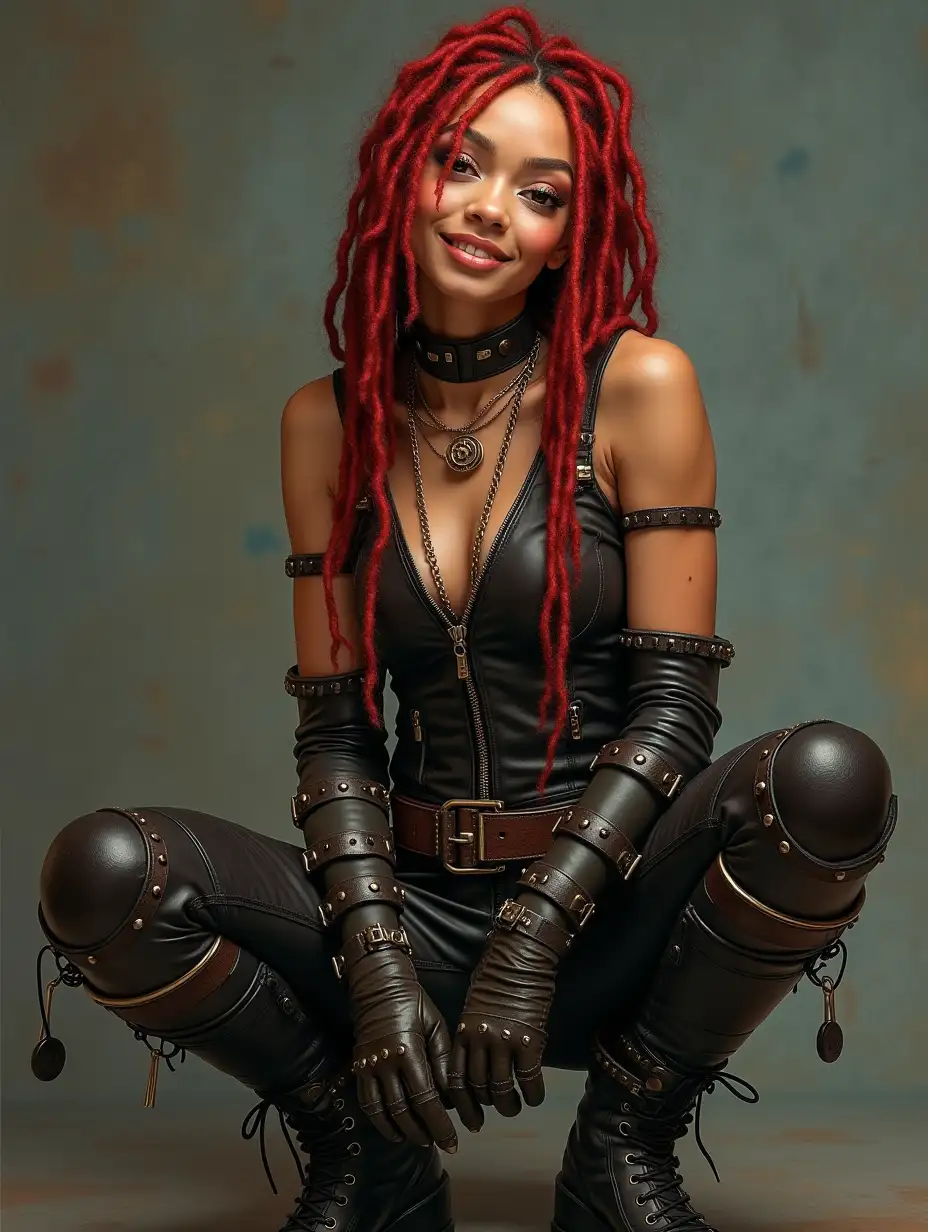 The whole body is in a sitting position, legs in boots, feet in boots. The picture shows a young woman with long red dreadlocks and steampunk jewelry, fair skin, smiling, dressed in a jumpsuit with leather straps, rivets and zippers, with a wide black leather belt and leather gloves with rivets that give her an extremely stylish look. On her feet she wears laced leather army boots with a powerful sole. Futuristic background. Art style, photography, digital painting