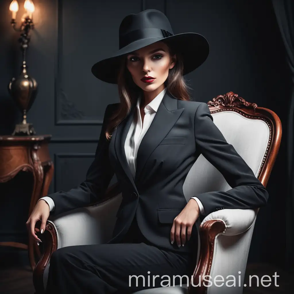 Elegant Woman in Suit and Hat Sitting on Chair