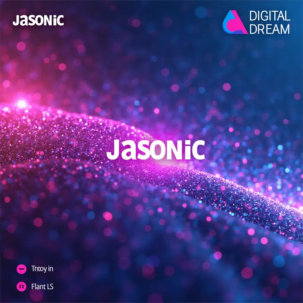 Create a Facebook banner for 'Jasonic Digital Dream' with a modern and creative theme. Feature the logo prominently at the top. Use a vibrant background with shades of pink, blue, and silver. Include abstract digital patterns or textures that complement the logo. Optionally, add a tagline or call-to-action. Ensure the design is balanced and visually engaging.