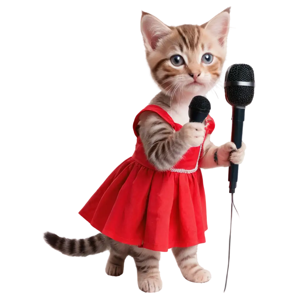 Adorable-Baby-Cat-PNG-in-Red-Dress-Holding-a-Microphone-HighQuality-Transparent-Image