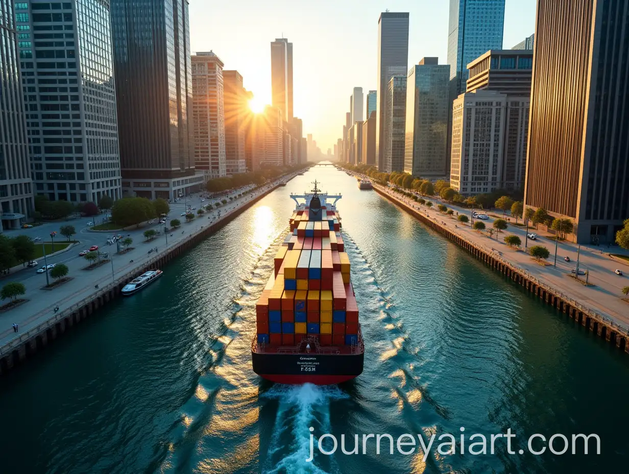 Aerial-View-of-Colorful-Cargo-Ship-Sailing-Through-Urban-Canal-at-Golden-Hour