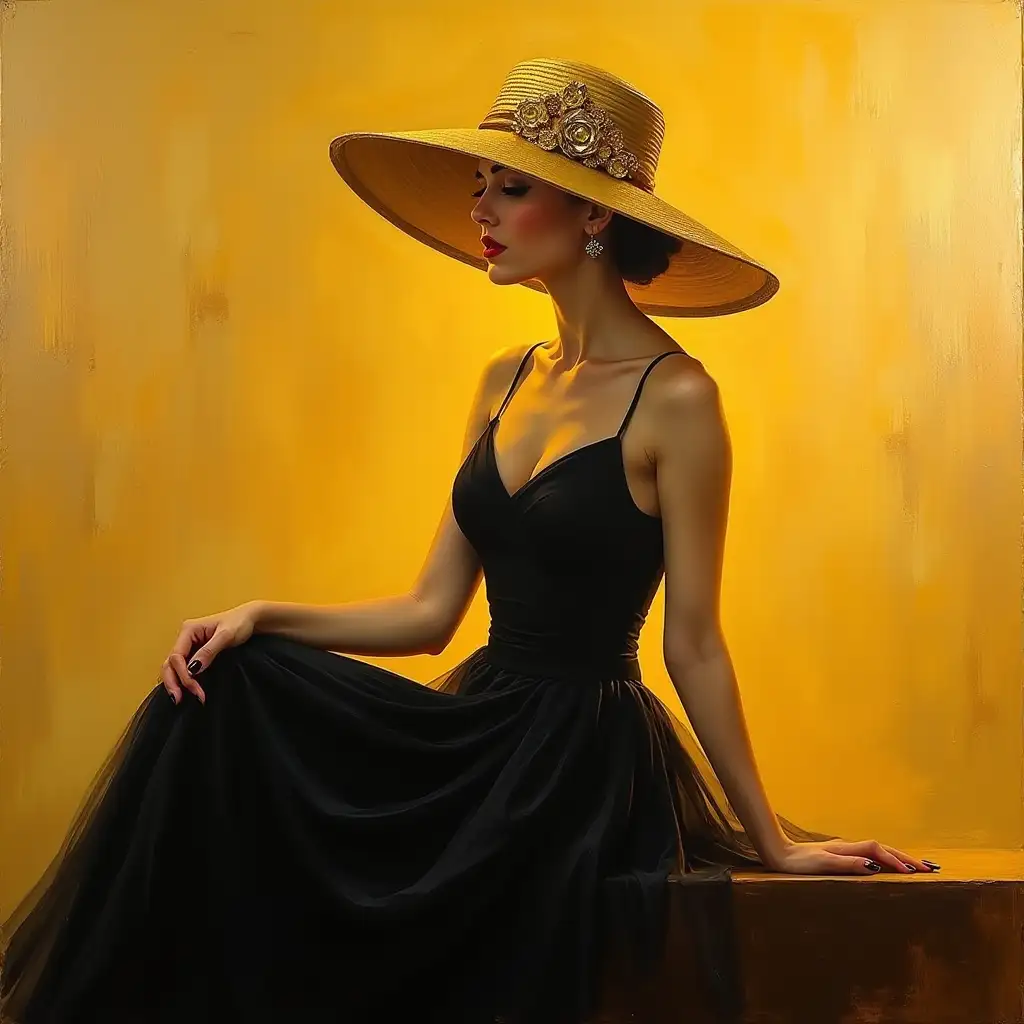 Elegant-Woman-in-Black-Gown-with-Golden-Hat-in-Dreamlike-Setting