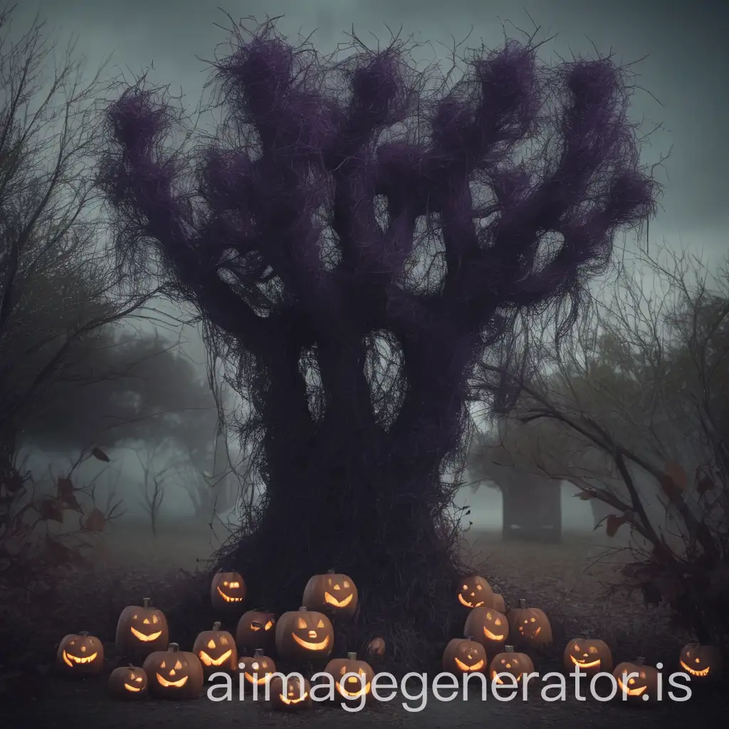 Spooky-Halloween-Bush-Decorated-with-JackoLanterns-and-Ghosts