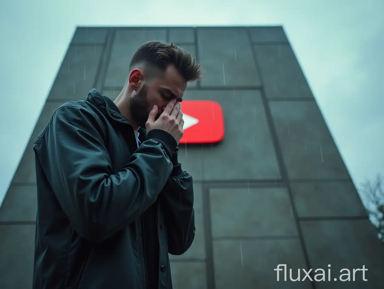 Guy crying, in front of concrete monument, with youtube logo, cyberpunk style, overcast weather, rain, high detail