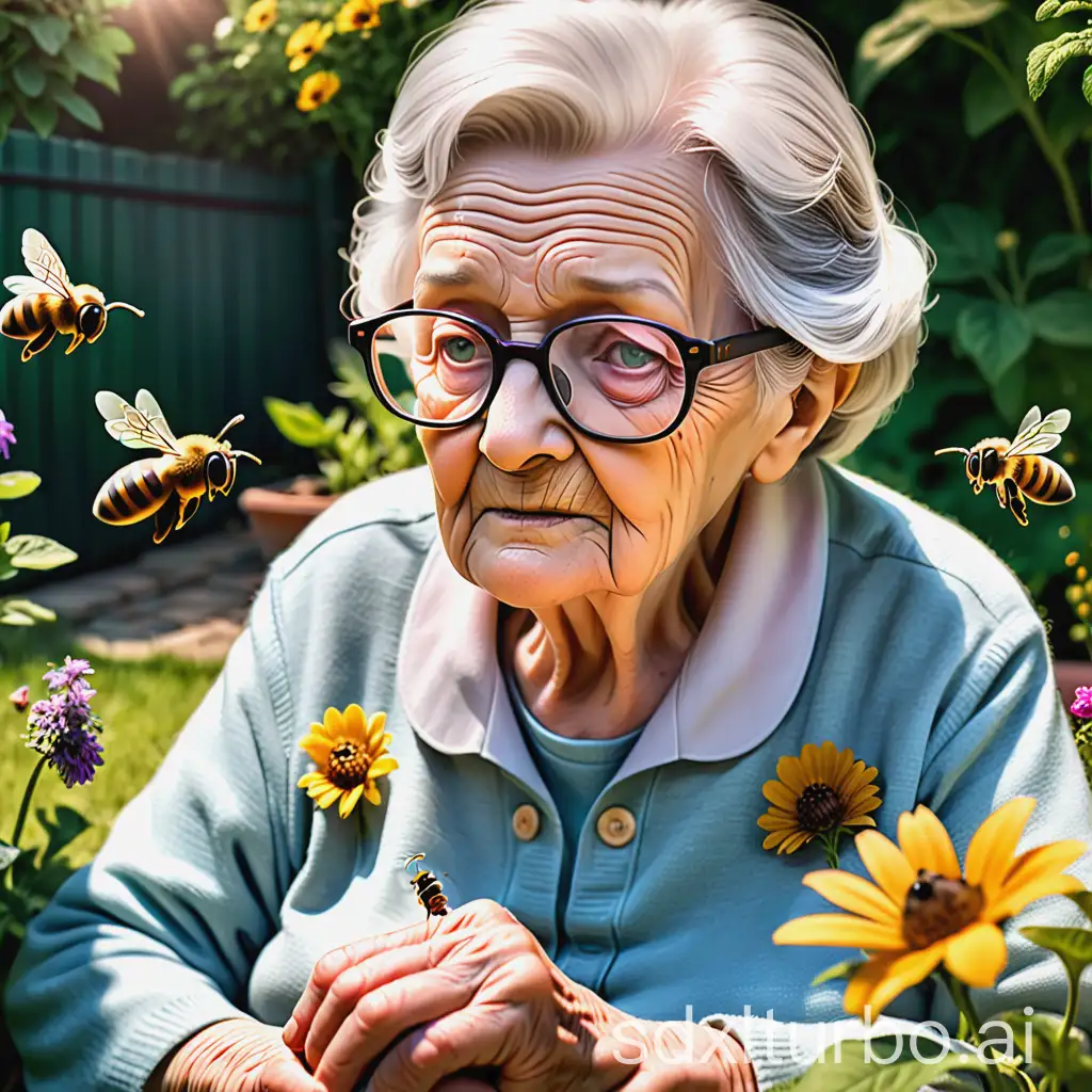 old grandma with glasses sitting in the garden observing a bee