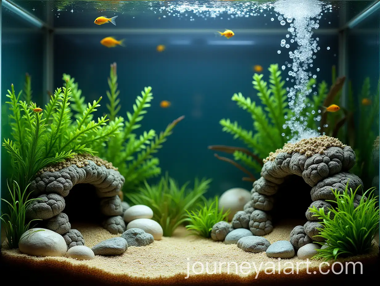 Underwater-Aquarium-Scene-with-Plants-Corals-and-Small-Goldfish