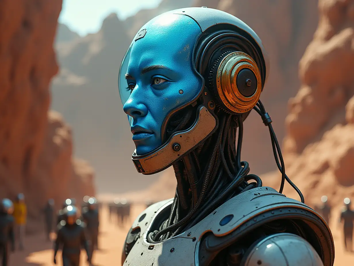 Create a high-resolution, realistic image of the artificial intelligence Robert, 10 meters tall, with gears on the cheeks and glass head with visible glowing sapphire brain, screws with many people with helmets and breathing masks on the floor, Mars 4k resolution with