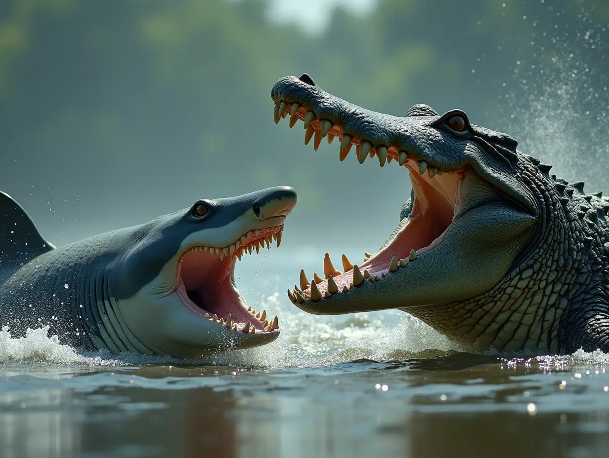 Hyper-realistic Shark vs. Saltwater Crocodile – A battle, with the Shark lunging while the Croc snaps its massive jaws.