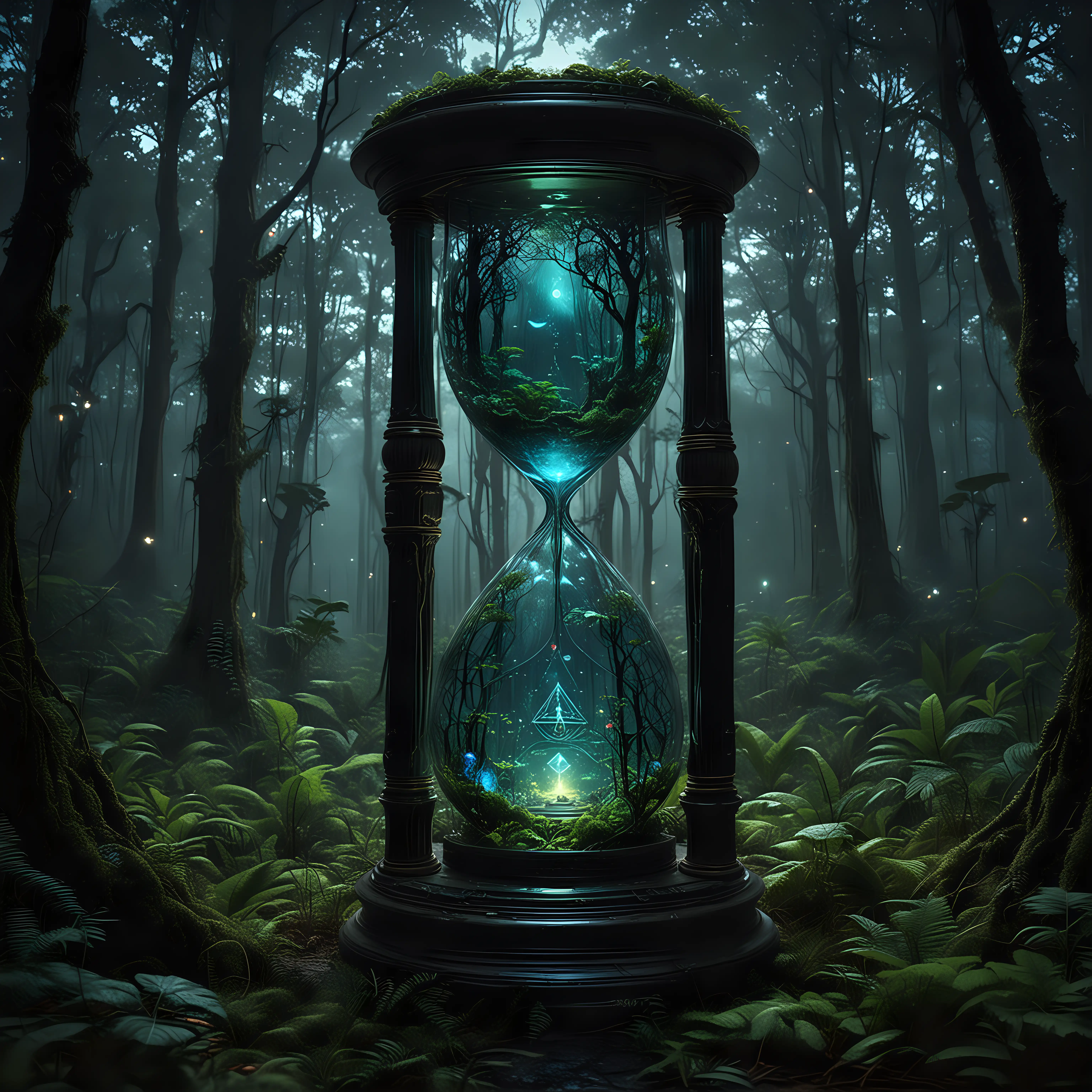 Mystical Hourglass in a Bioluminescent Jungle