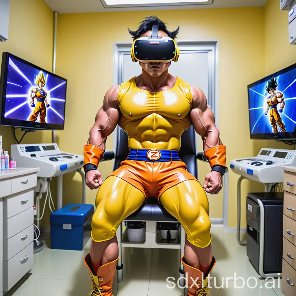 Asian-Bodybuilder-in-VR-Headset-Wearing-Dragonball-Z-Shirt-and-Latex-Shorts-in-AnimeThemed-Medical-Room