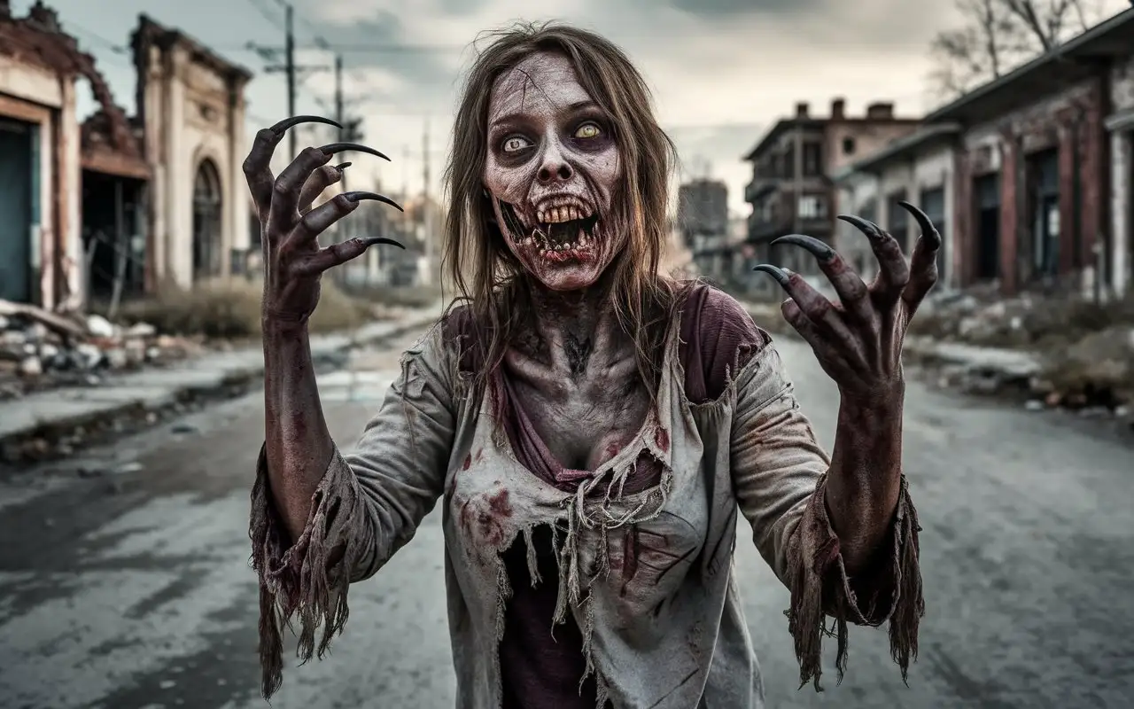 Rotten-Zombie-Woman-with-Clawed-Nails-and-Sharp-Teeth-in-Torn-Clothes