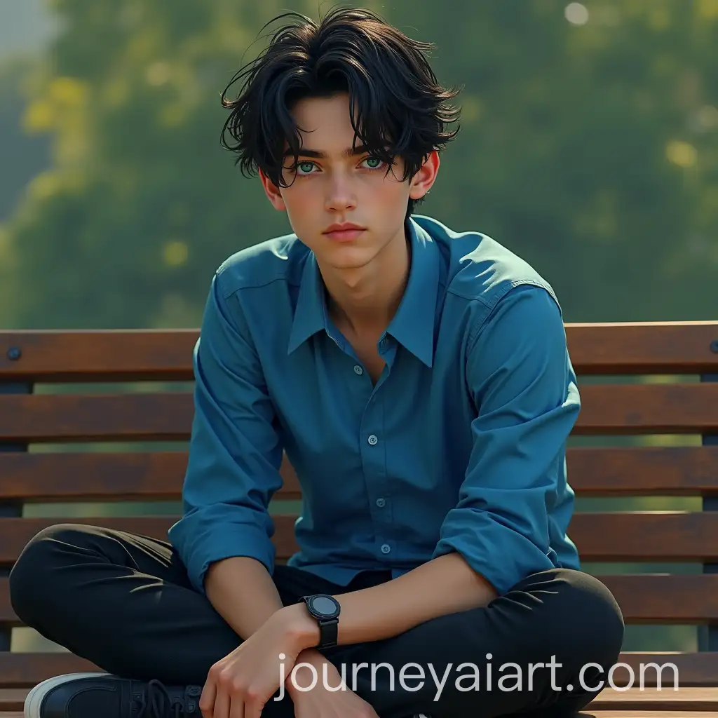 Serious-Young-Man-with-Emerald-Eyes-Sitting-on-a-Bench