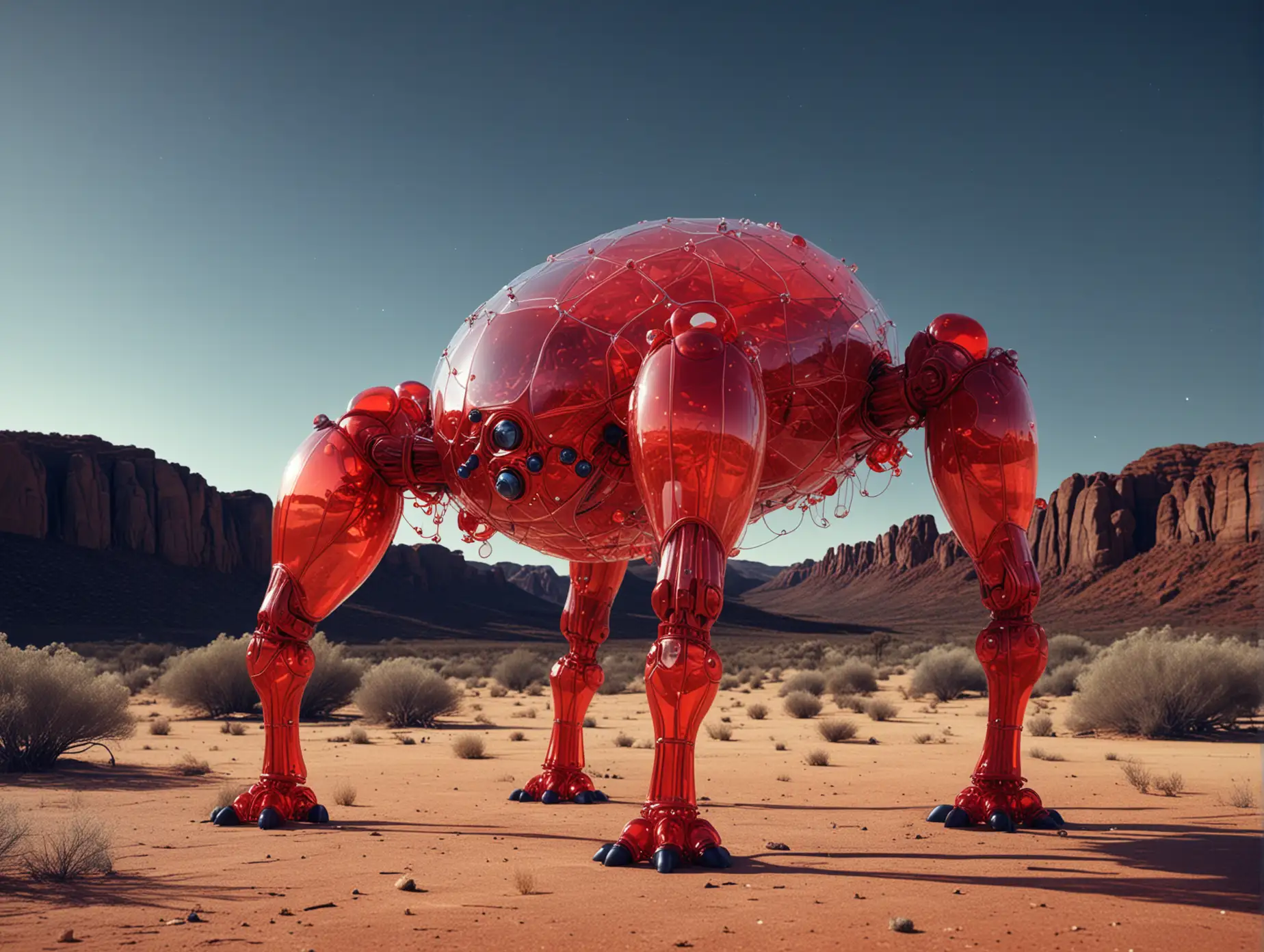 realistic image of a large creature in red muscular fiber with four legs, its belly and head are made of transparent glass with silver molecules rotating on themselves inside, in the background an Australian desert landscape at night with navy blue sky, style unreal, surreal, retro futuristic 1960, humorous, extravagant