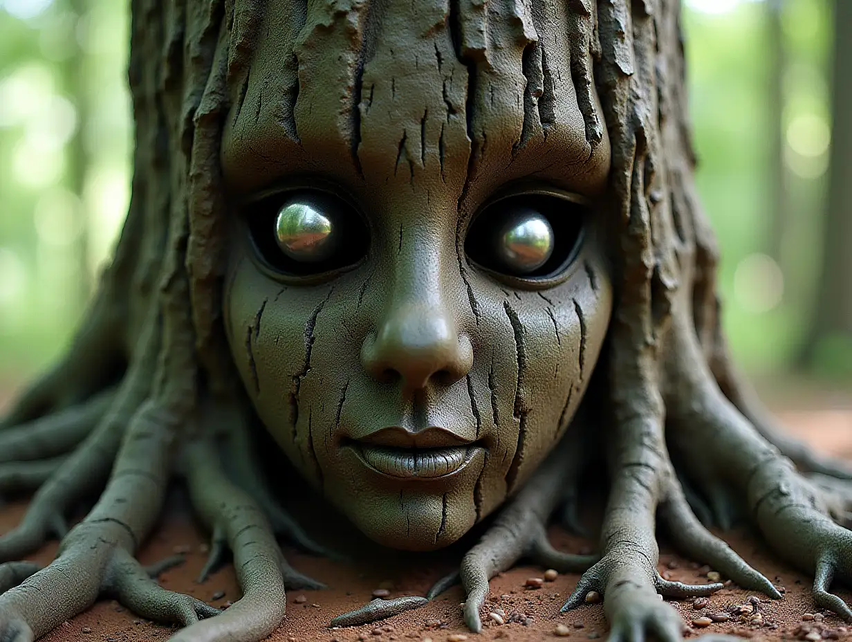 Face with steel balls on tree roots transformed into a building