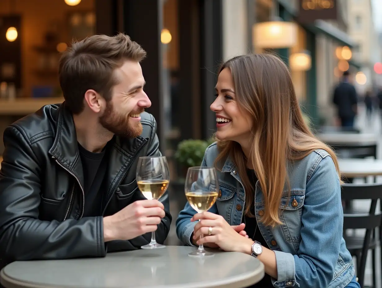 A couple chatting and laughing with a glass of wine at a street corner café