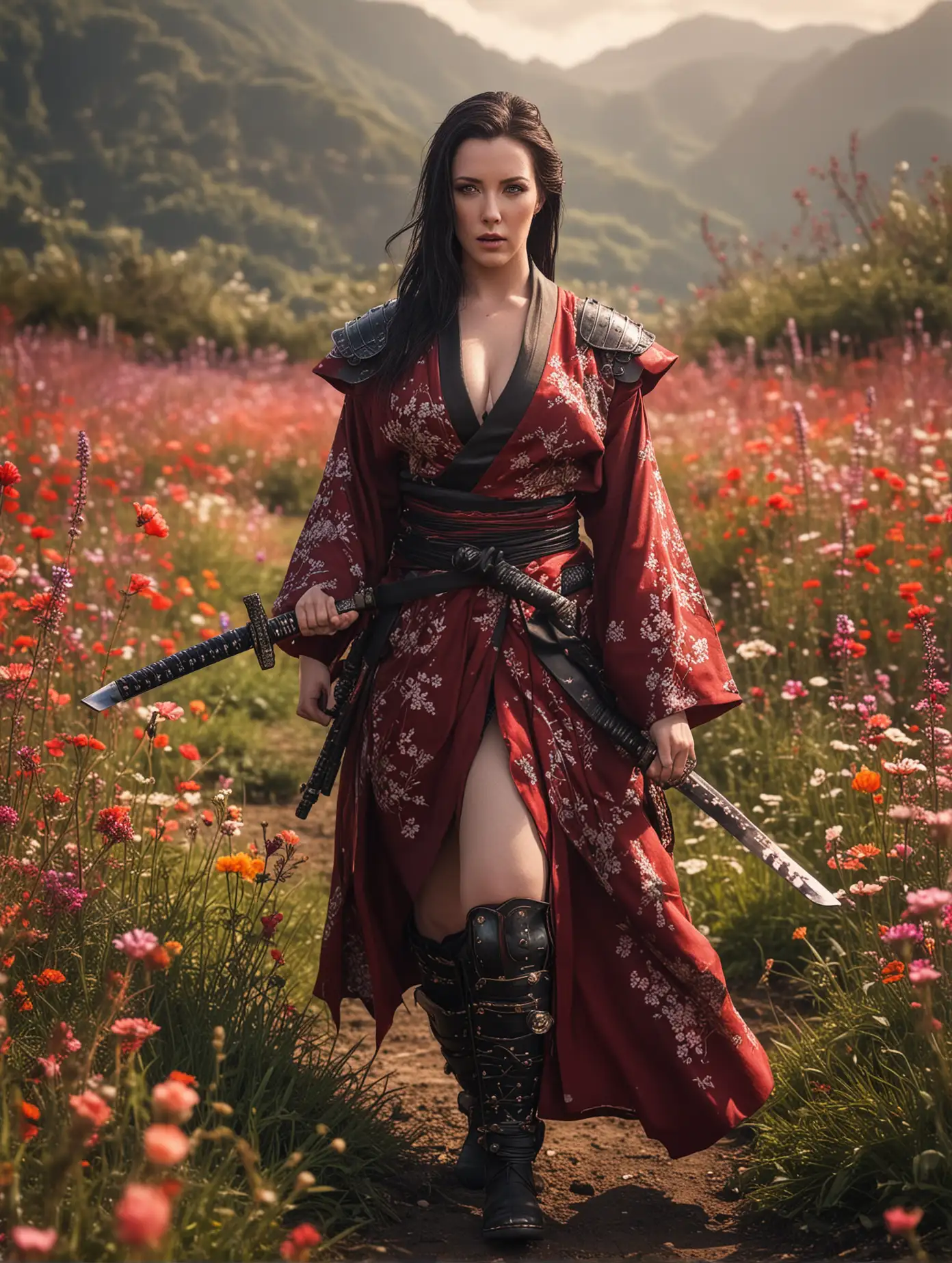 Angela White was cosplaying as samurai warrior with monk robe and iron armor, carrying a katana, walking graceful and elegant, The background is a vibrant deepest wild flowers field with moody hues, light ray tracing of sunshine, elegant, graceful, She has a large tattooed across her chest, giving the overall composition an edgy feel.