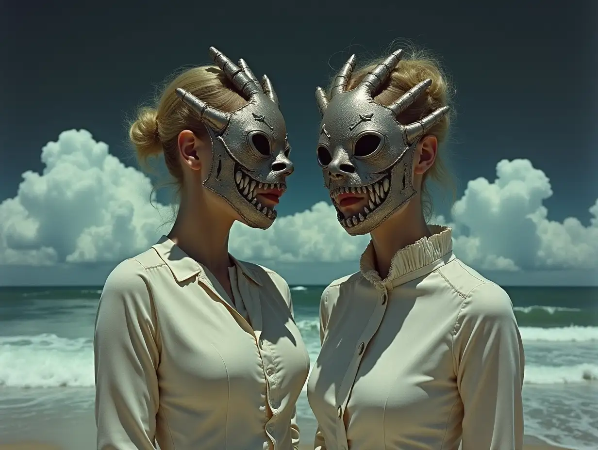 Surreal-Fantasy-Portrait-of-Two-Women-in-Chrome-Crustacean-Masks-on-a-Stormy-Beach