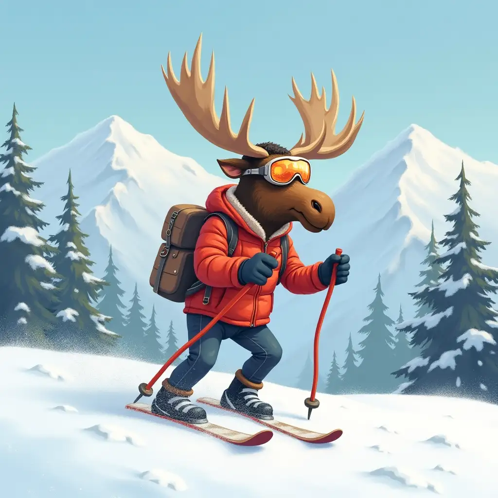 Moose in Winter Gear Preparing for Skiing Adventure