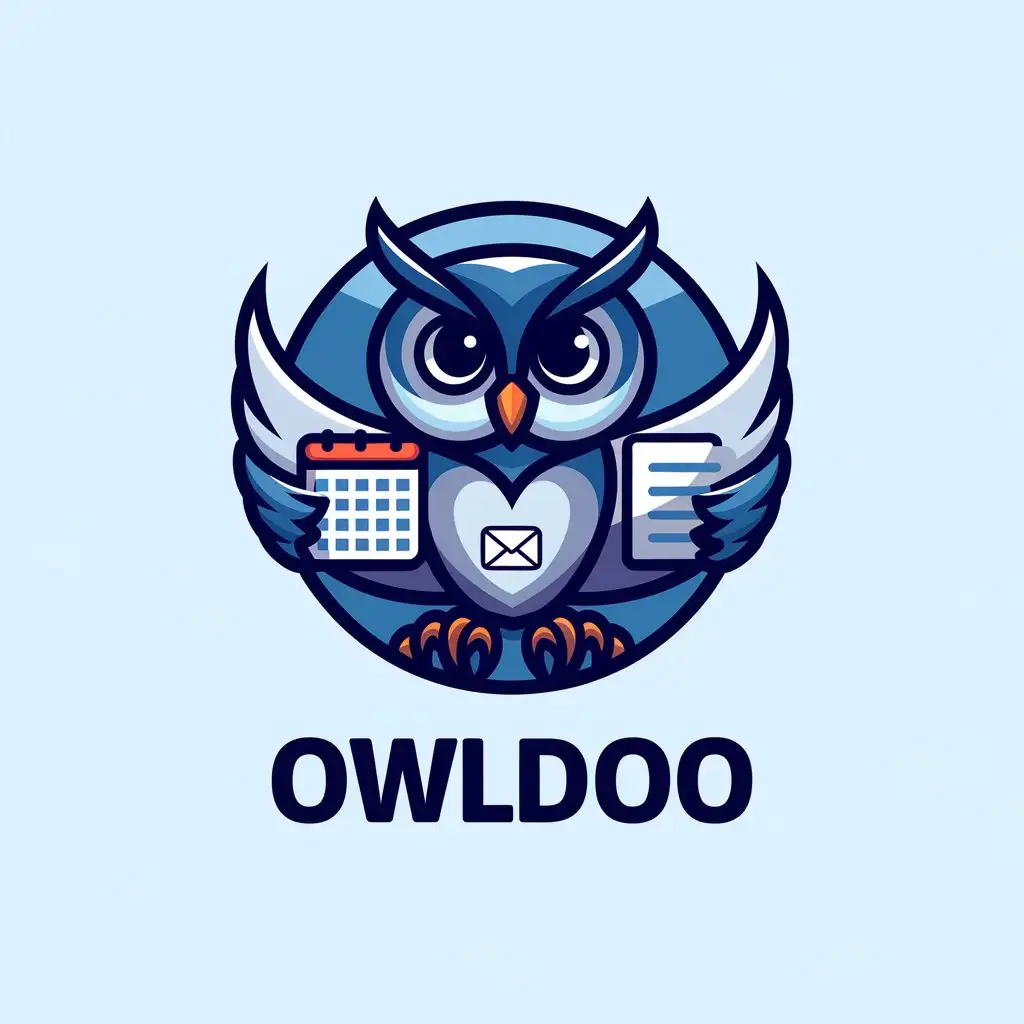 LOGO Design for Owldoo Modern Owl Mascot with Productivity Tools and Email Icon in Blue White and Gray