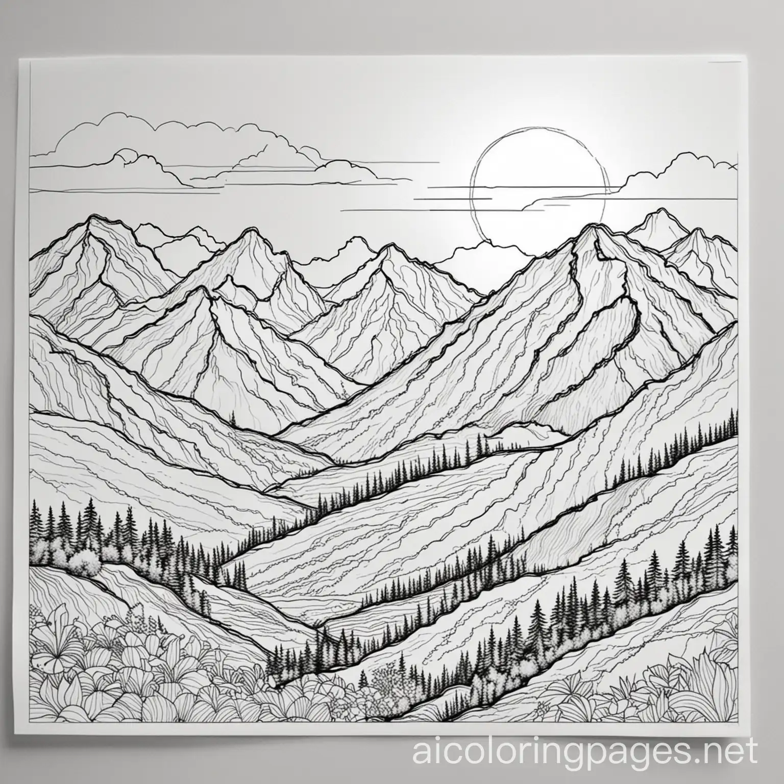 Mountains with sunset, Coloring Page, black and white, line art, white background, Simplicity, Ample White Space. The background of the coloring page is plain white to make it easy for young children to color within the lines. The outlines of all the subjects are easy to distinguish, making it simple for kids to color without too much difficulty