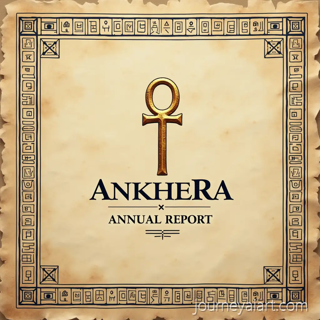 AncientAI-Image-Expansion-Egyptian-Annual-Report-Cover-with-GoldEmbossed-Ankh-Symbol-on-Papyrus-Paper