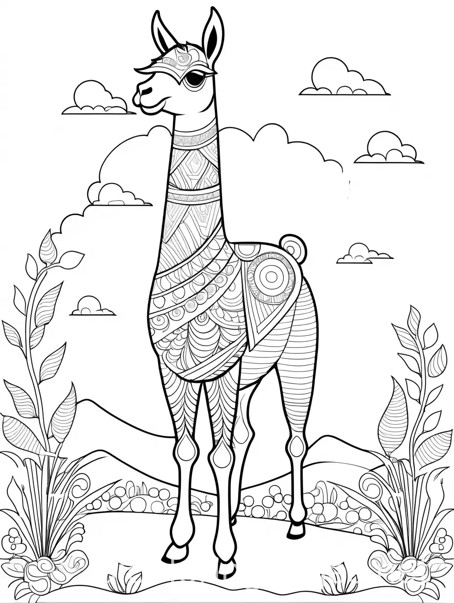 a juggling llama, Coloring Page, black and white, line art, white background, Simplicity, Ample White Space. The background of the coloring page is plain white to make it easy for young children to color within the lines. The outlines of all the subjects are easy to distinguish, making it simple for kids to color without too much difficulty