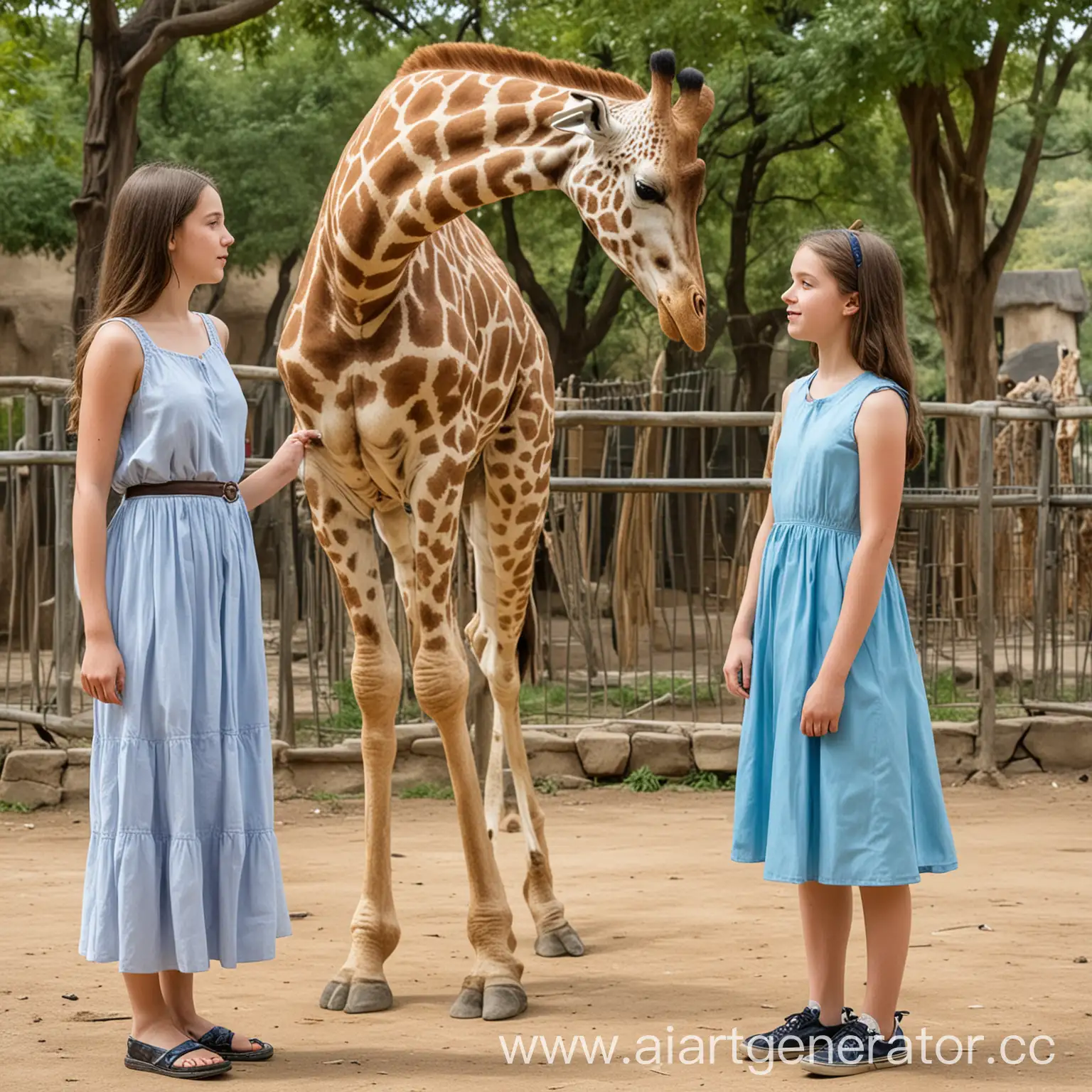 Teenagers-in-Blue-Dresses-Observing-Giraffes-at-the-Zoo