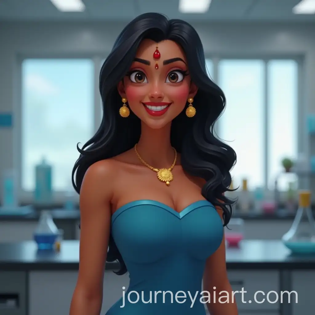 Elegant-Indian-Woman-in-Blue-GownAI-Image-Prompt-Expansion-with-Gold-Jewelry-in-Modern-Laboratory