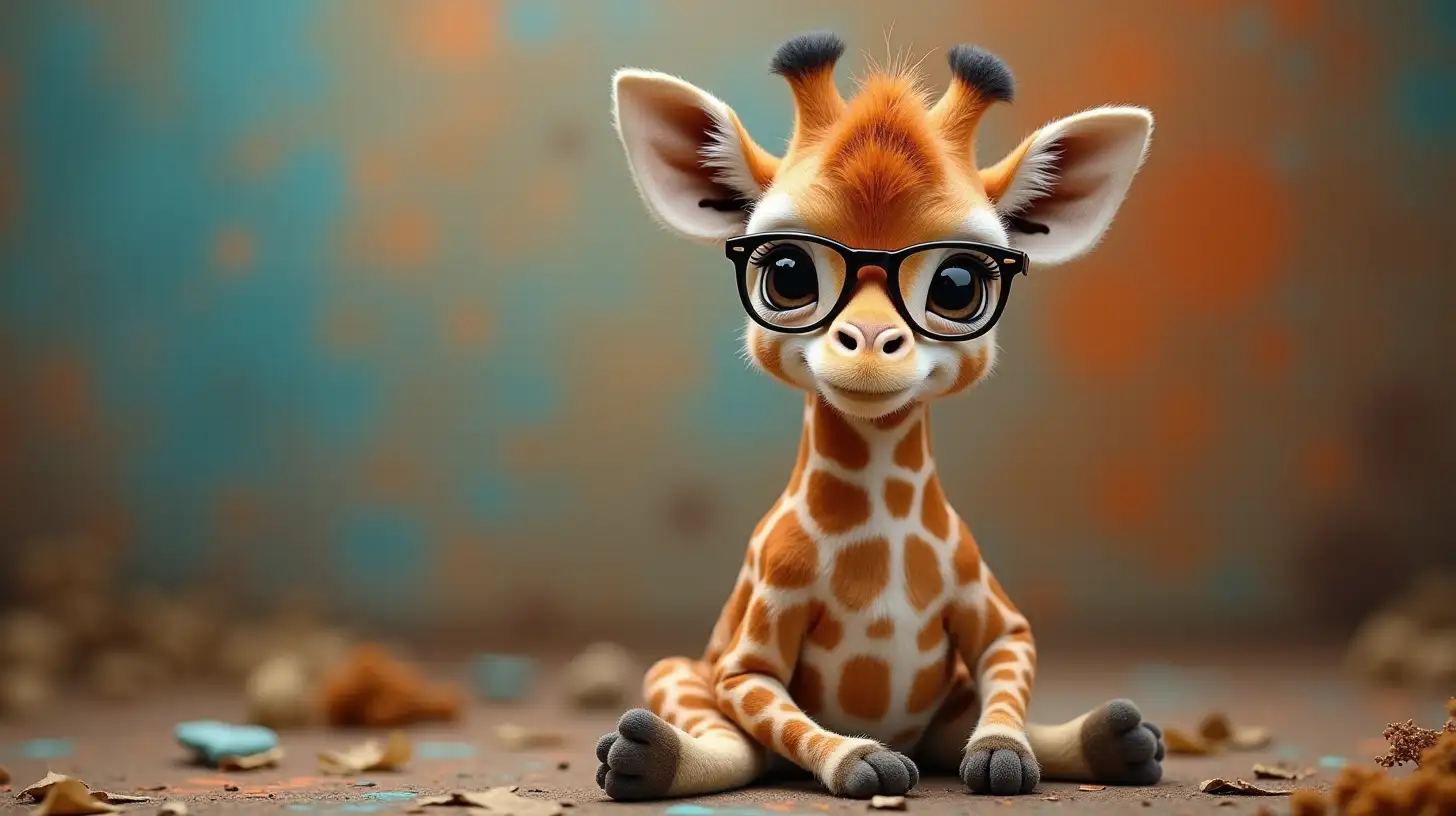 small little baby giraffe with glasses dressed as an artist