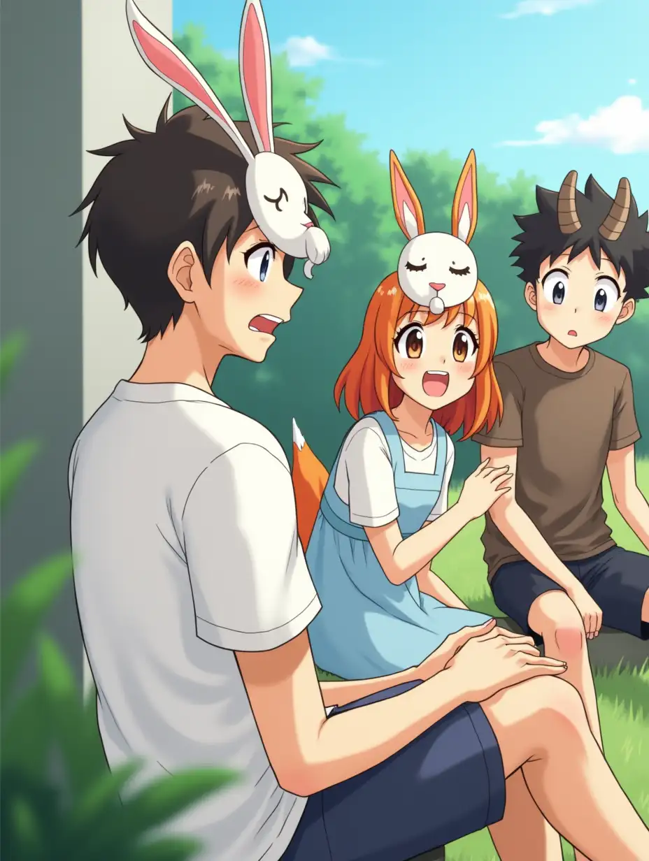 A boy in a white t-shirt is sitting outside talking to his friends. He is wearing a mask of a rabbit. Among his friends there are a girl in light blue dress. She is wearing a mask of a fox. There is also a boy with black curly hair in a brown t-shirt. He is wearing a mask of a ram. Anime style.