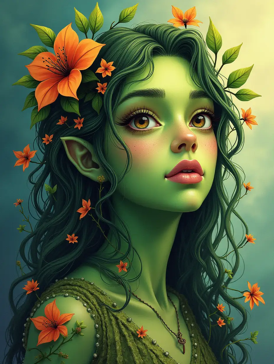 A nature spirit with green skin, surrounded by vines and flowers, draw, fantasy, bright colors, fantasy backgrounds