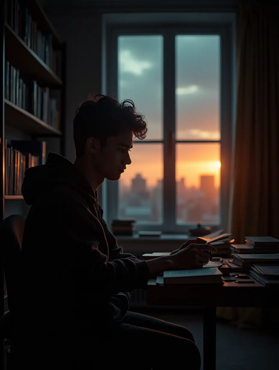 A young man sitting in a dark library surrounded by books, with a warm light illuminating his concentrated face, and through the window you can see a horizon full of possibilities