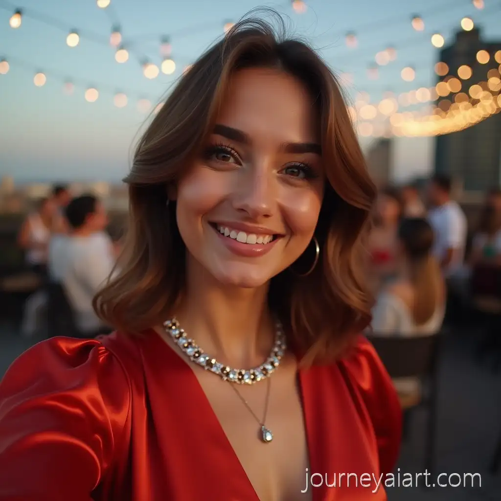 Young-Woman-in-Red-Satin-Dress-Taking-Selfie-at-Rooftop-Party-with-City-View