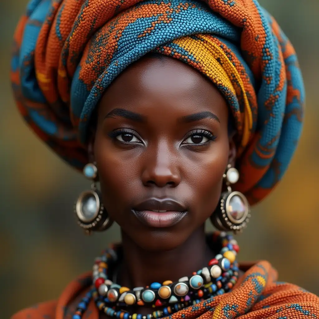 A hyperrealistic portrait of a beautiful Namibian woman, who is wearing intricately detailed, colorful and futuristic jewelry.