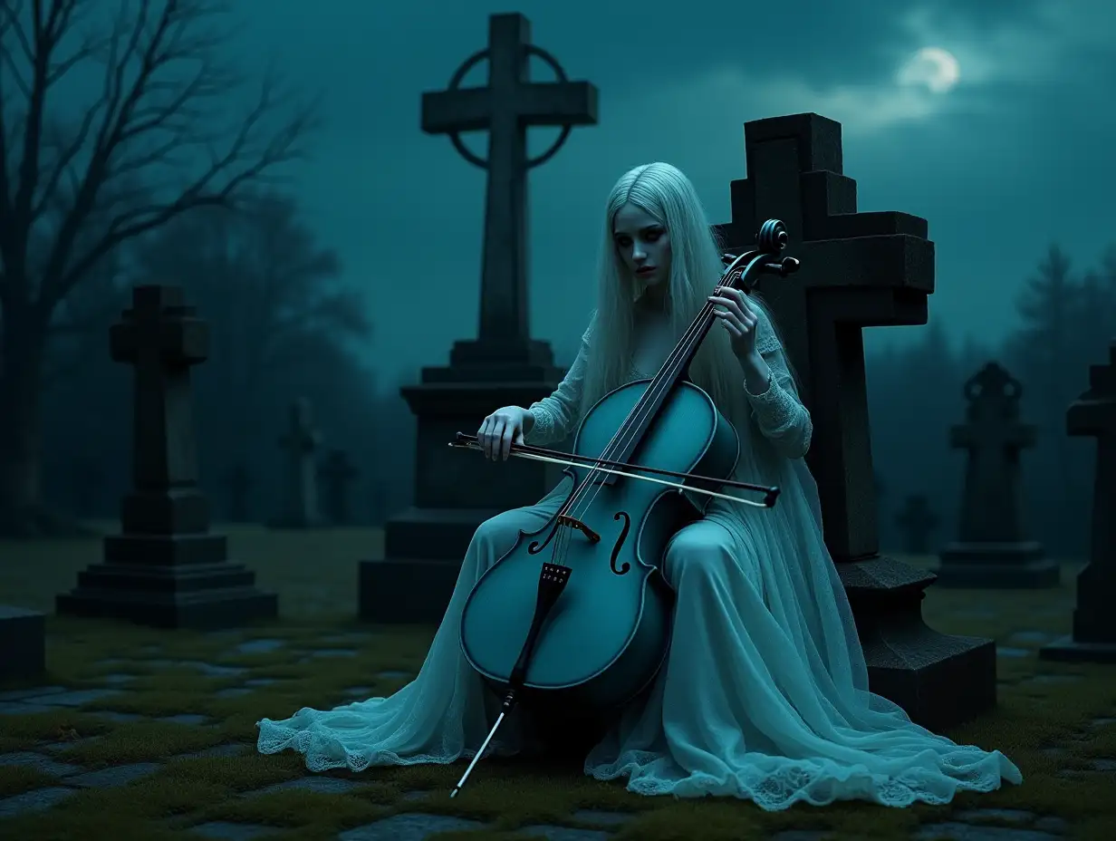 Night scene in the cemetery of extreme realism and high definition in details and textures. Mysterious ghost with an ethereal and delicate appearance, sitting with her vaporous dress and black lace veil, plays an old carved wooden blue cello with extreme realism in textures and definition of details. The ghost, pale and with long, infinite white hair, playing the pale blue cello next to a stone cross with moss. Mossy floor. Dramatic sky.