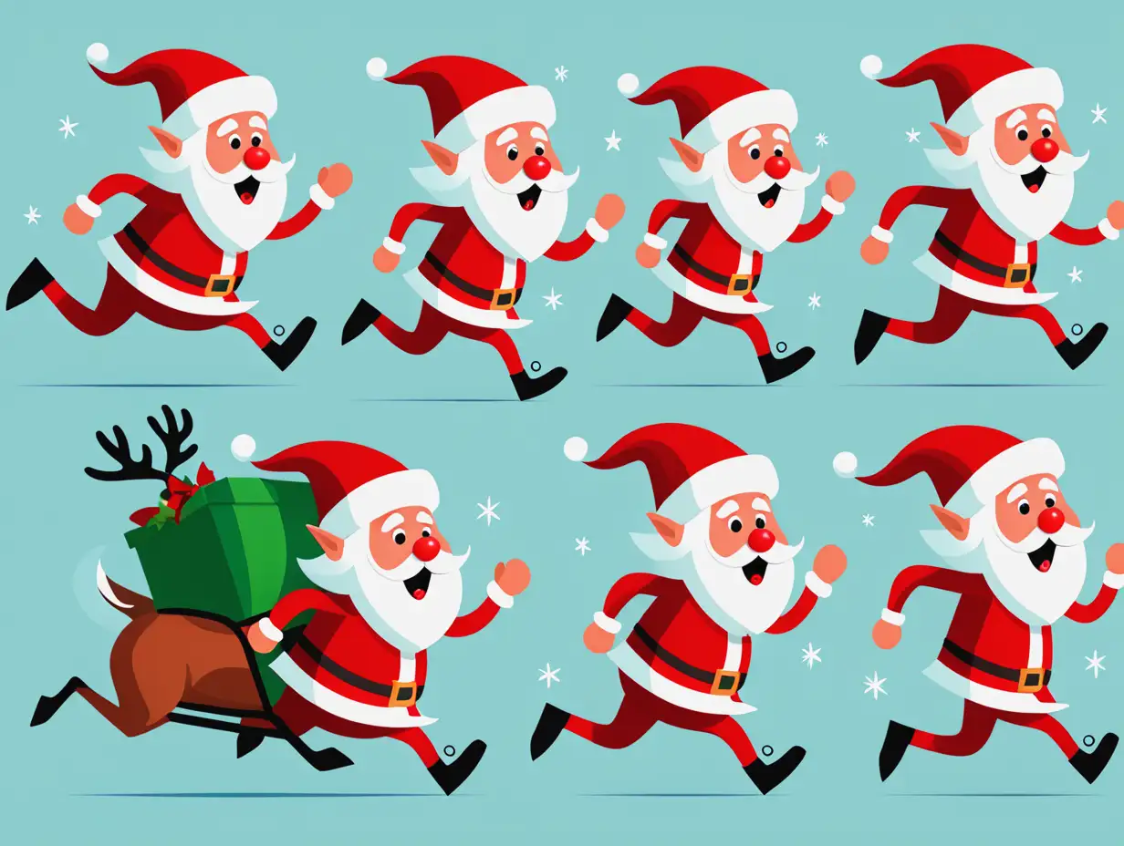 I want a clip art glyph page with each image of the following equally spaced : A Santa clause rushing, a elf racing, a reindeer being lazy,