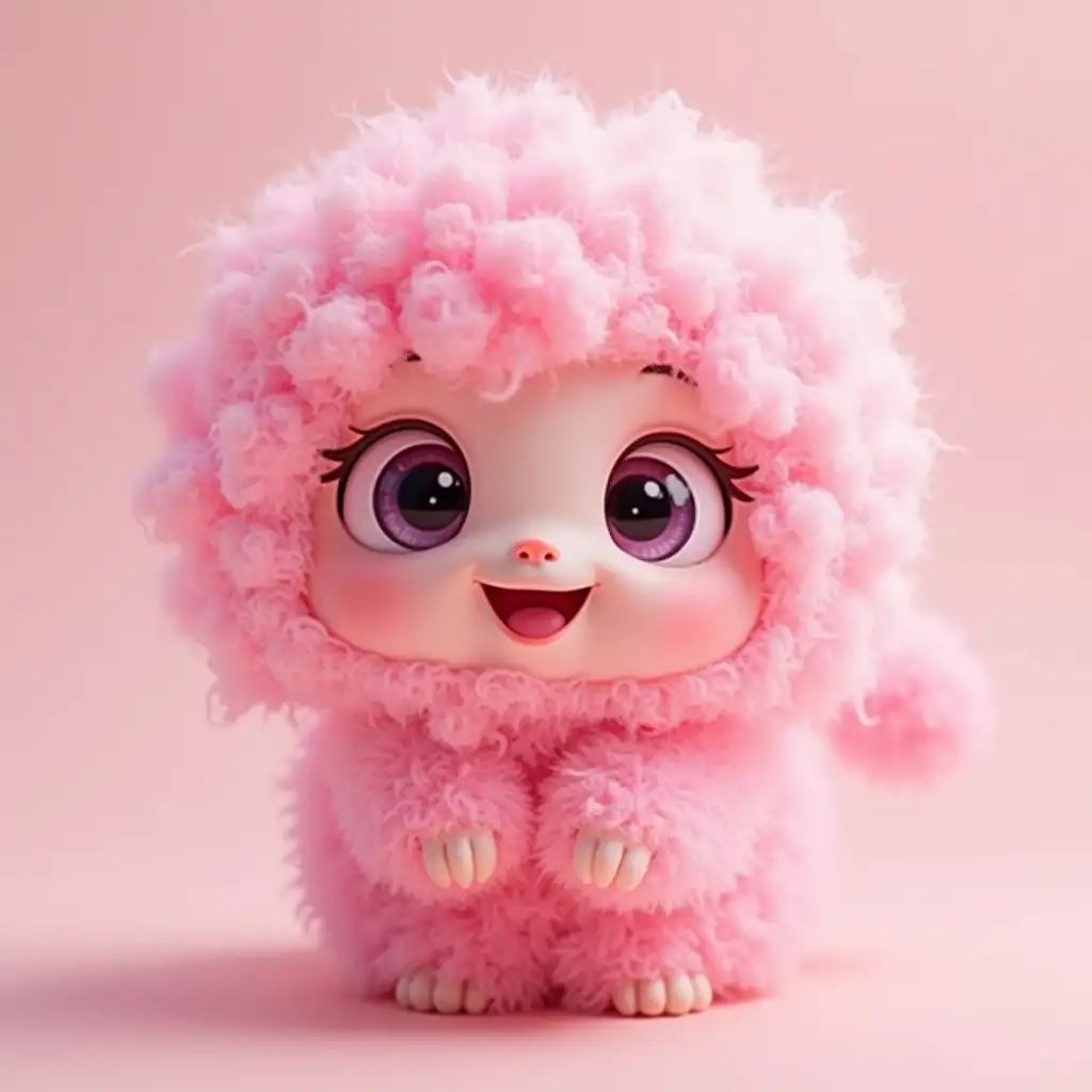 a pink fluffy creature, cute, smiling, round-eyed.curly hair.