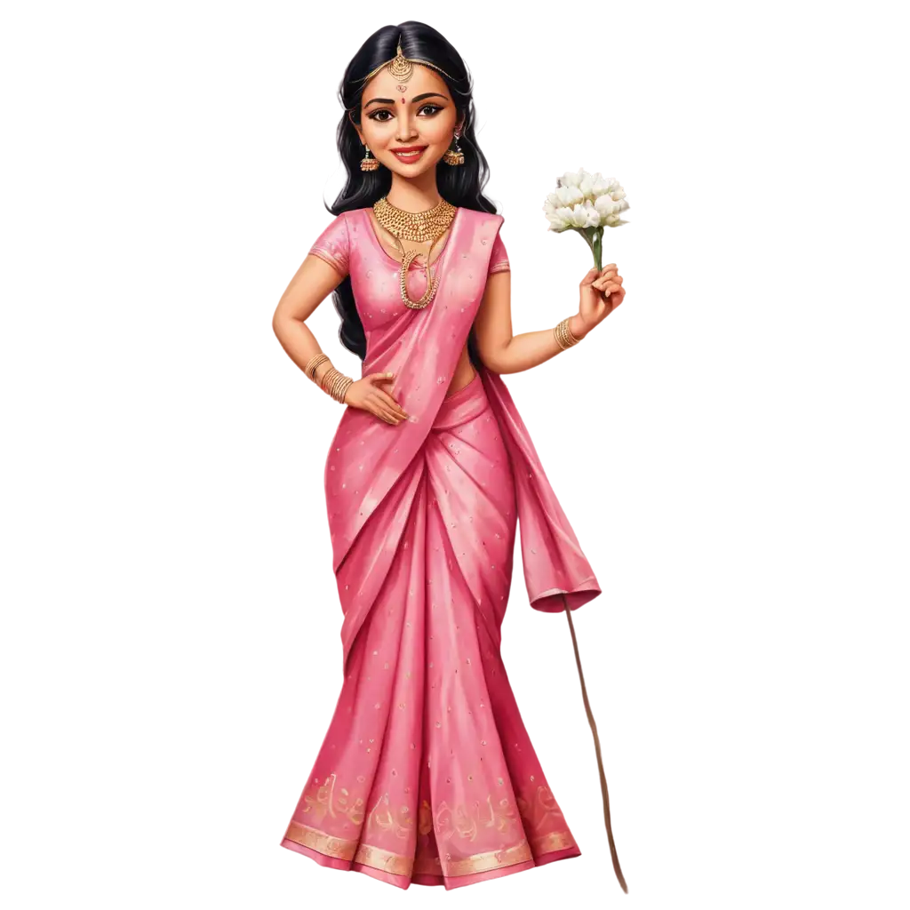 South-Indian-Wedding-Caricature-in-Pinkish-Saree-PNG-Image